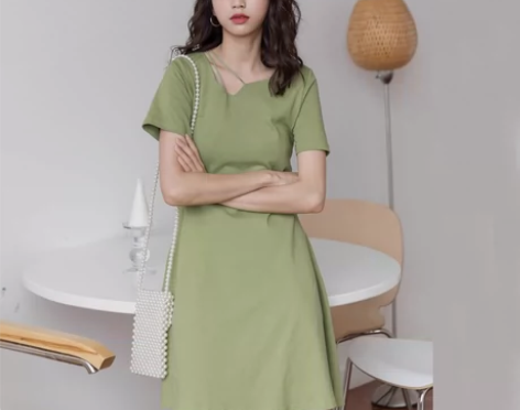 港风高腰设计感纯色短袖夏季收腰连衣裙t恤裙...