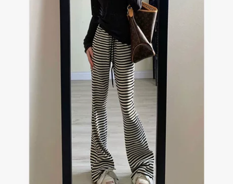 休闲运动卫裤女2023春夏新款高腰微喇叭条...